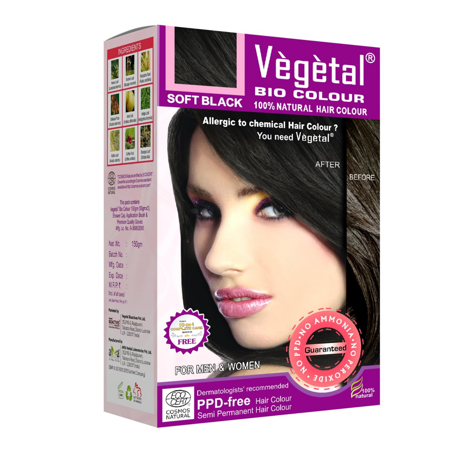 Vegetal Bio Colour 100% Natural Hair Colour For Men & Women - Soft Black | 150g