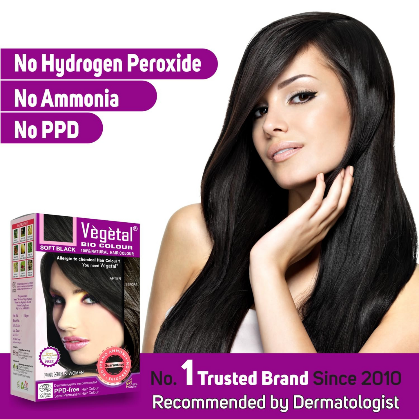 Vegetal Bio Colour 100% Natural Hair Colour For Men & Women - Soft Black | 150g